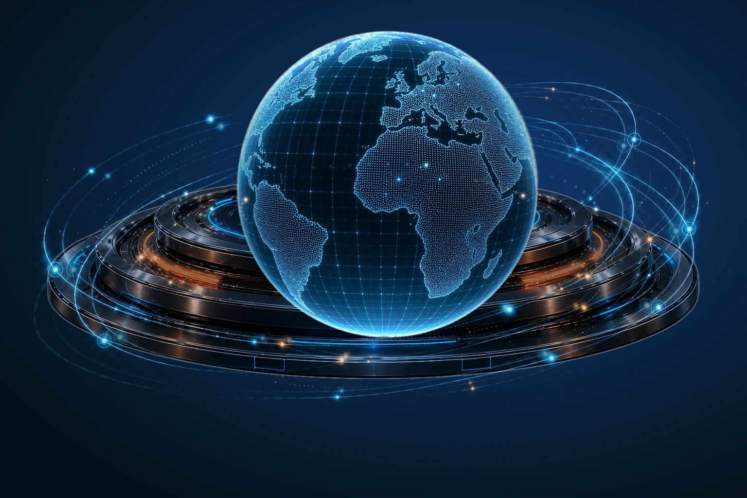 Animated Earth globe with orbital rings and satellites